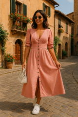 Mallorca Button-Front V-Neck Denim Dress for Women