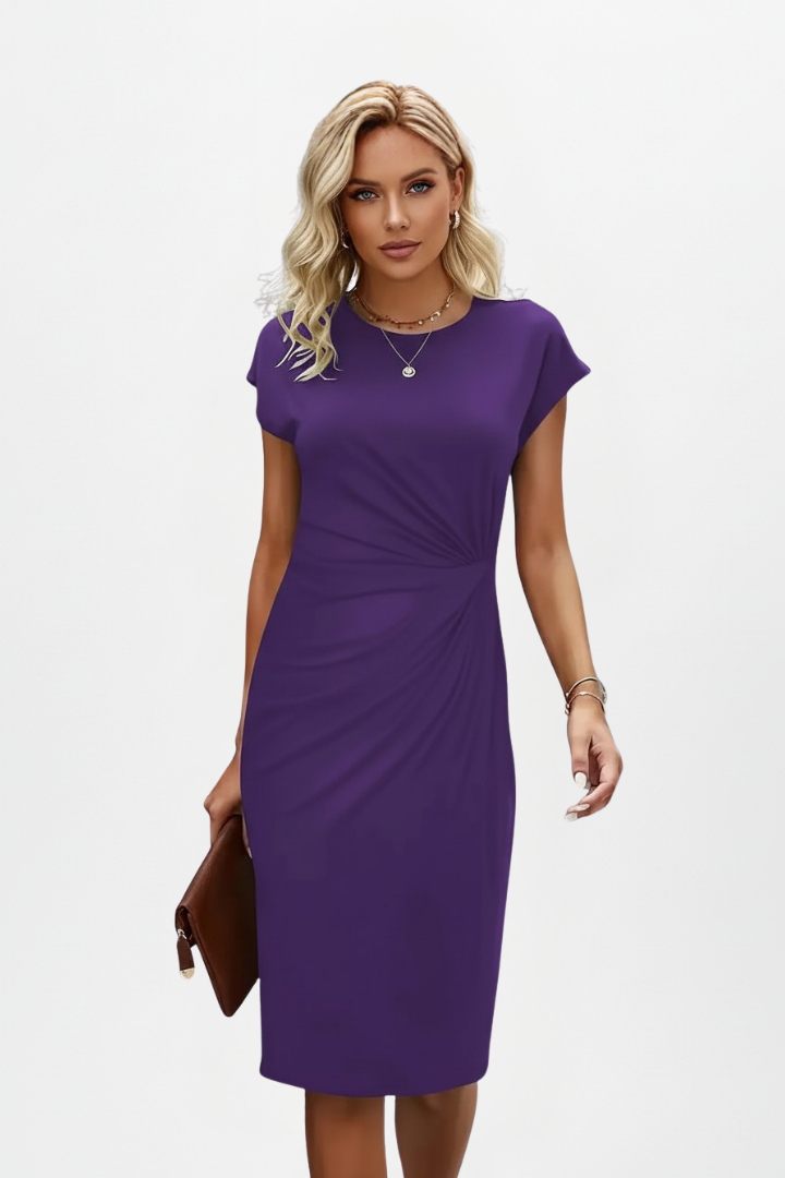 Capri Ruched-Waist Knee-Length Dress with Cap Sleeves