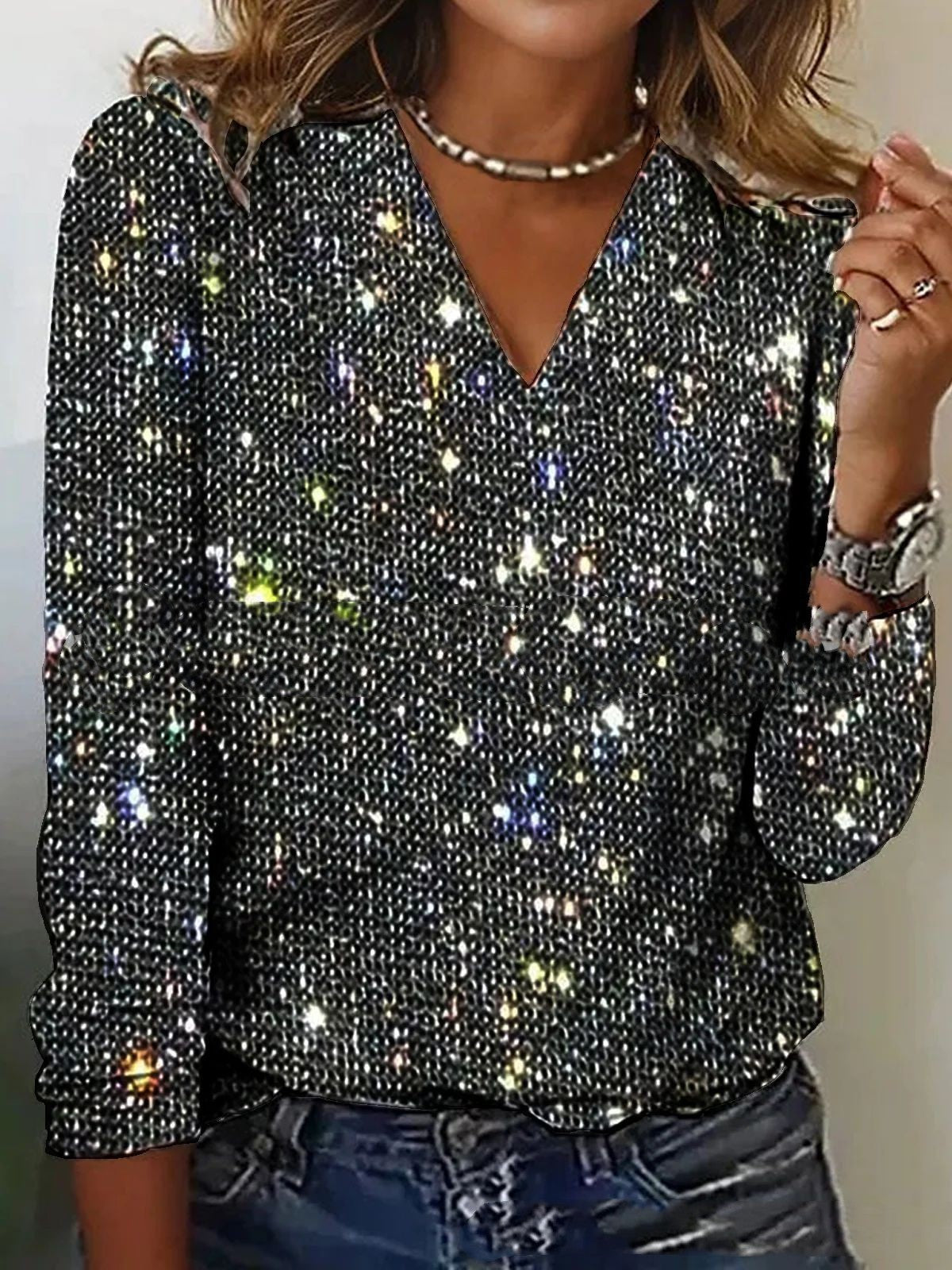 Catalina Glitter V-Neck Long Sleeve Top