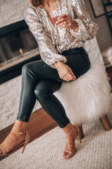Del Mar Sequin V-Neck Party Blouse with Long Sleeves