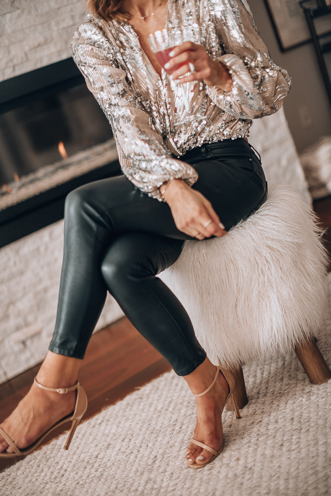 Del Mar Sequin V-Neck Party Blouse with Long Sleeves