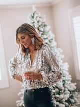 Del Mar Sequin V-Neck Party Blouse with Long Sleeves