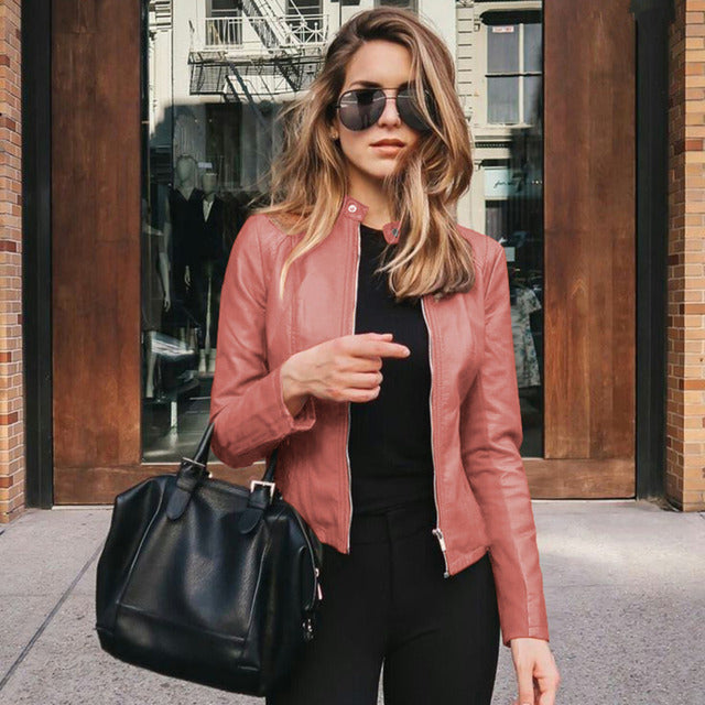 Fitted Leather-Look Zip-Up Jacket for Women