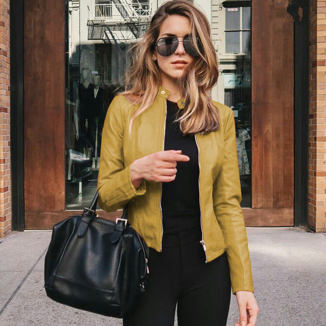 Fitted Leather-Look Zip-Up Jacket for Women