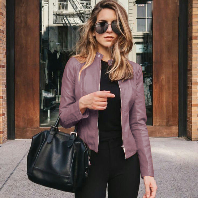Fitted Leather-Look Zip-Up Jacket for Women