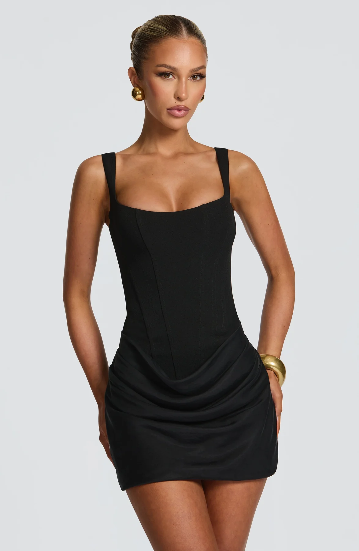 Wren Square-Neck Draped Mini Dress with Lace-Up Back