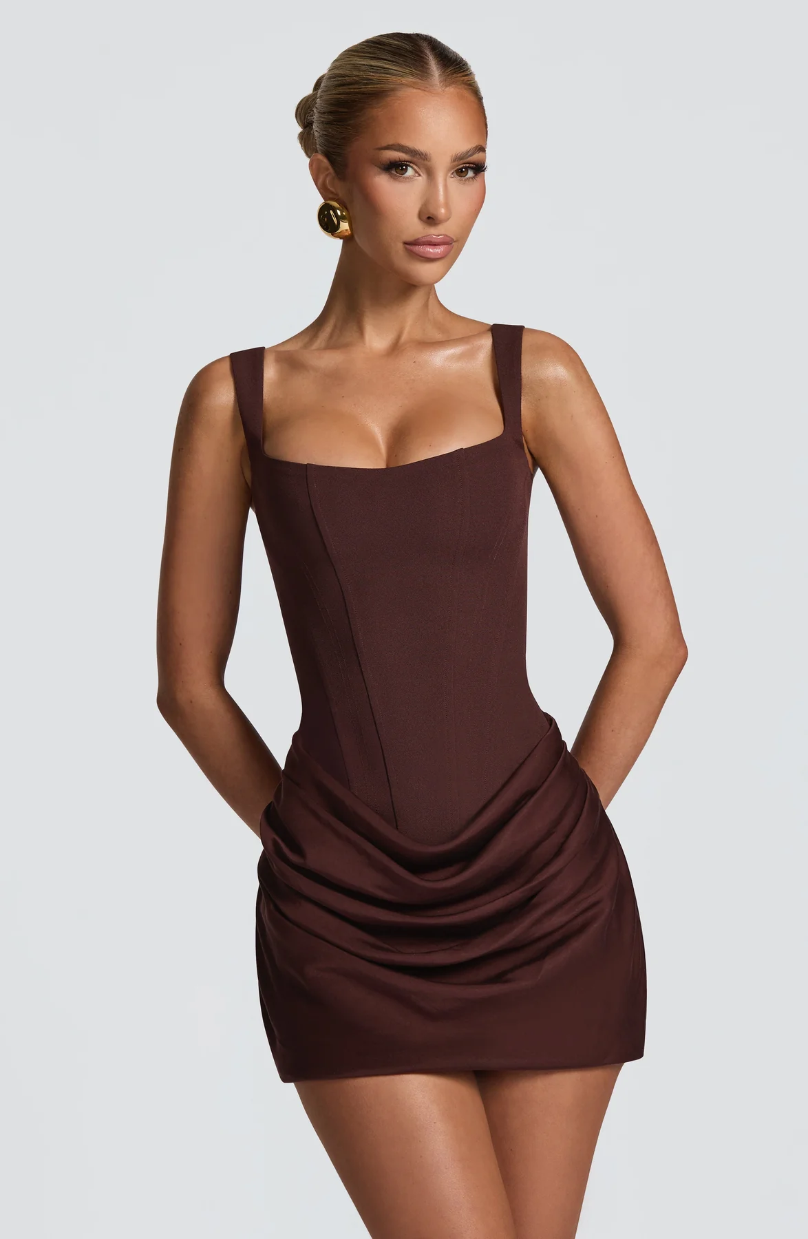 Wren Square-Neck Draped Mini Dress with Lace-Up Back