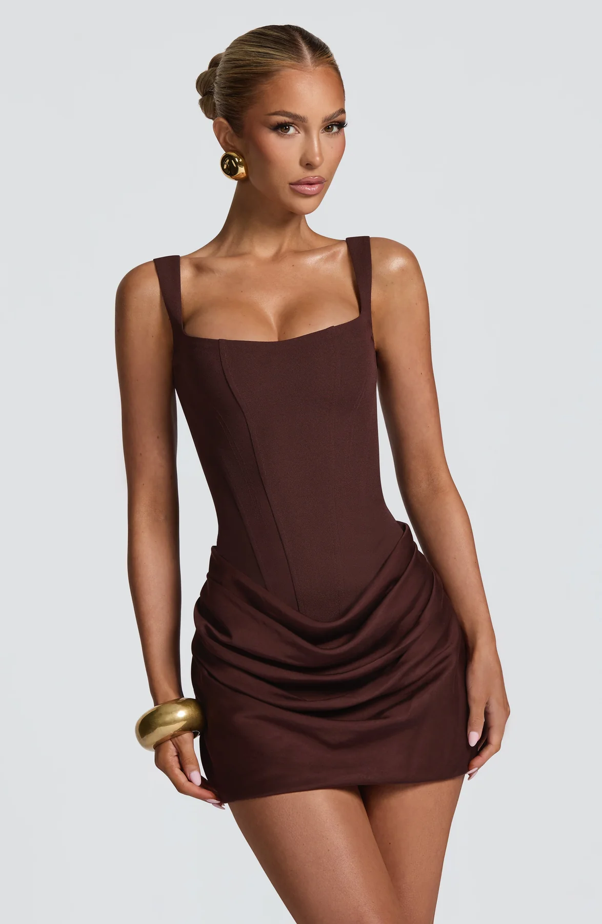 Wren Square-Neck Draped Mini Dress with Lace-Up Back