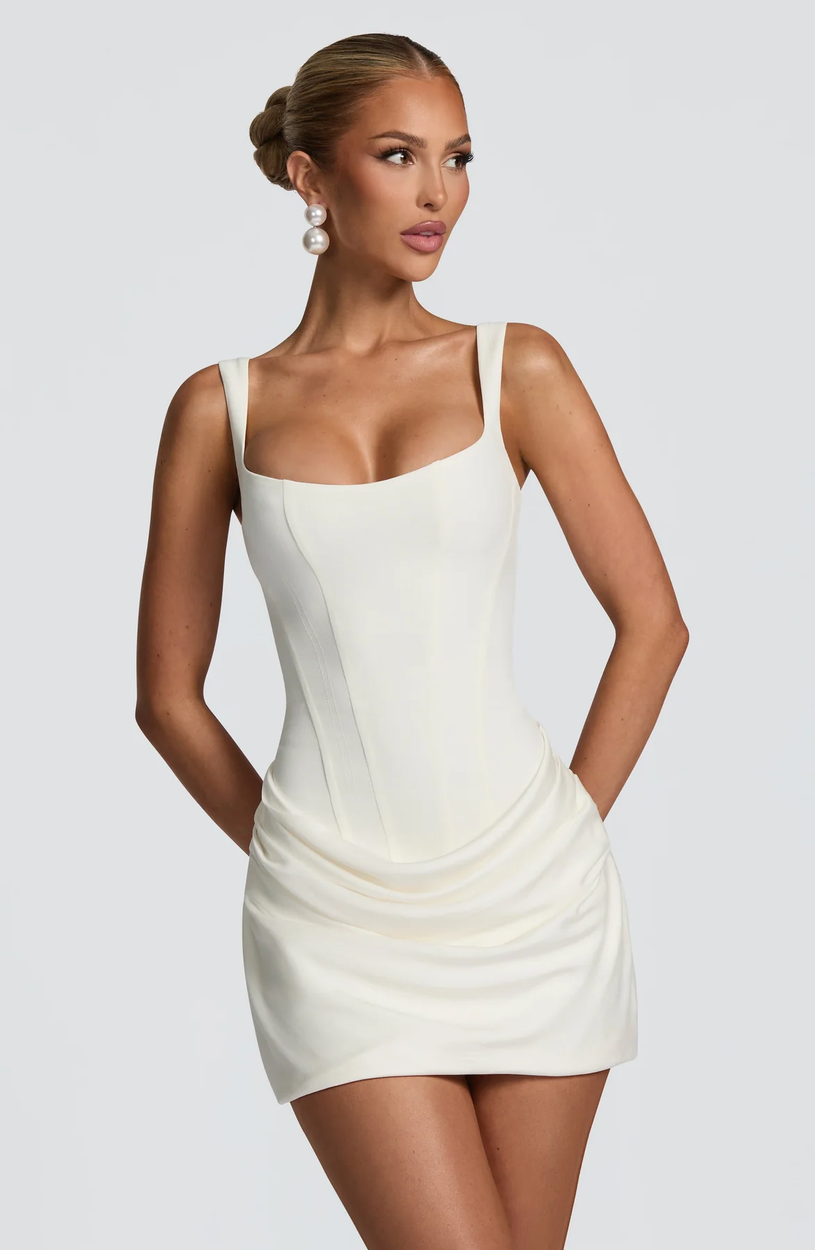 Wren Square-Neck Draped Mini Dress with Lace-Up Back