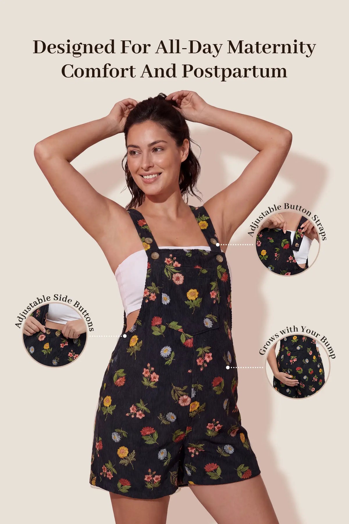 Harbor Bay Floral Maternity Short Overalls with Adjustable Straps