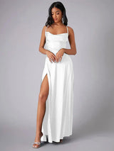 Havana Satin Maxi Evening Dress with High Slit and Open Back