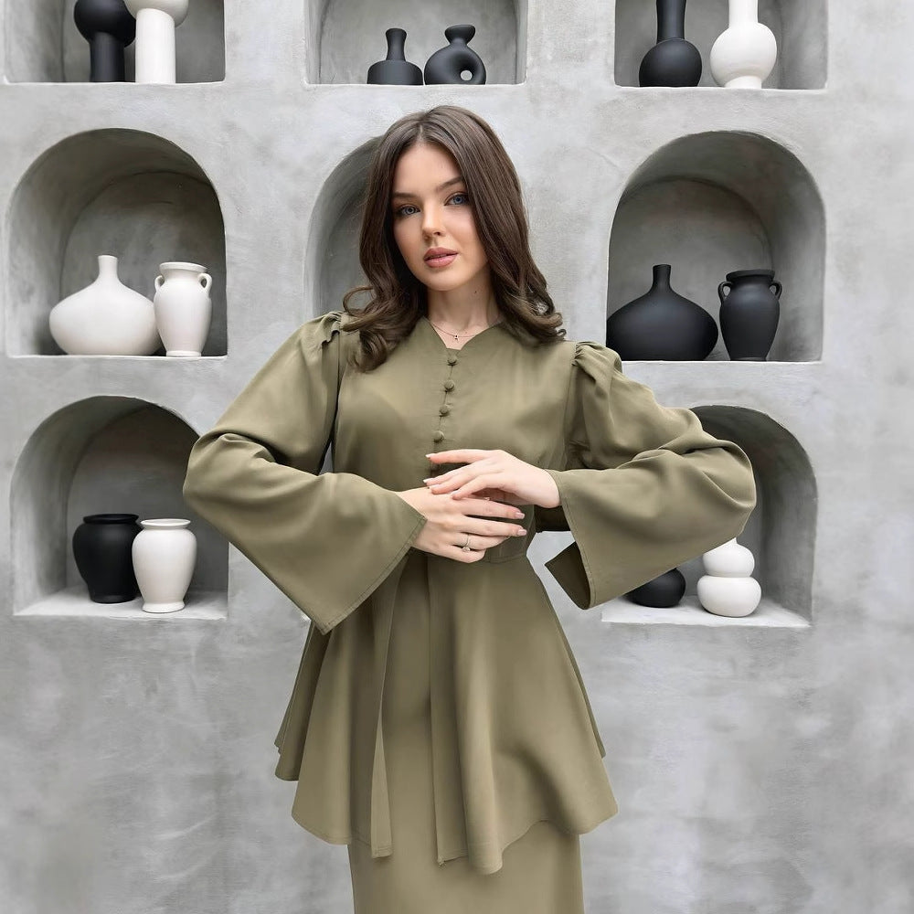 Button-Front Peplum Top and Maxi Skirt Set