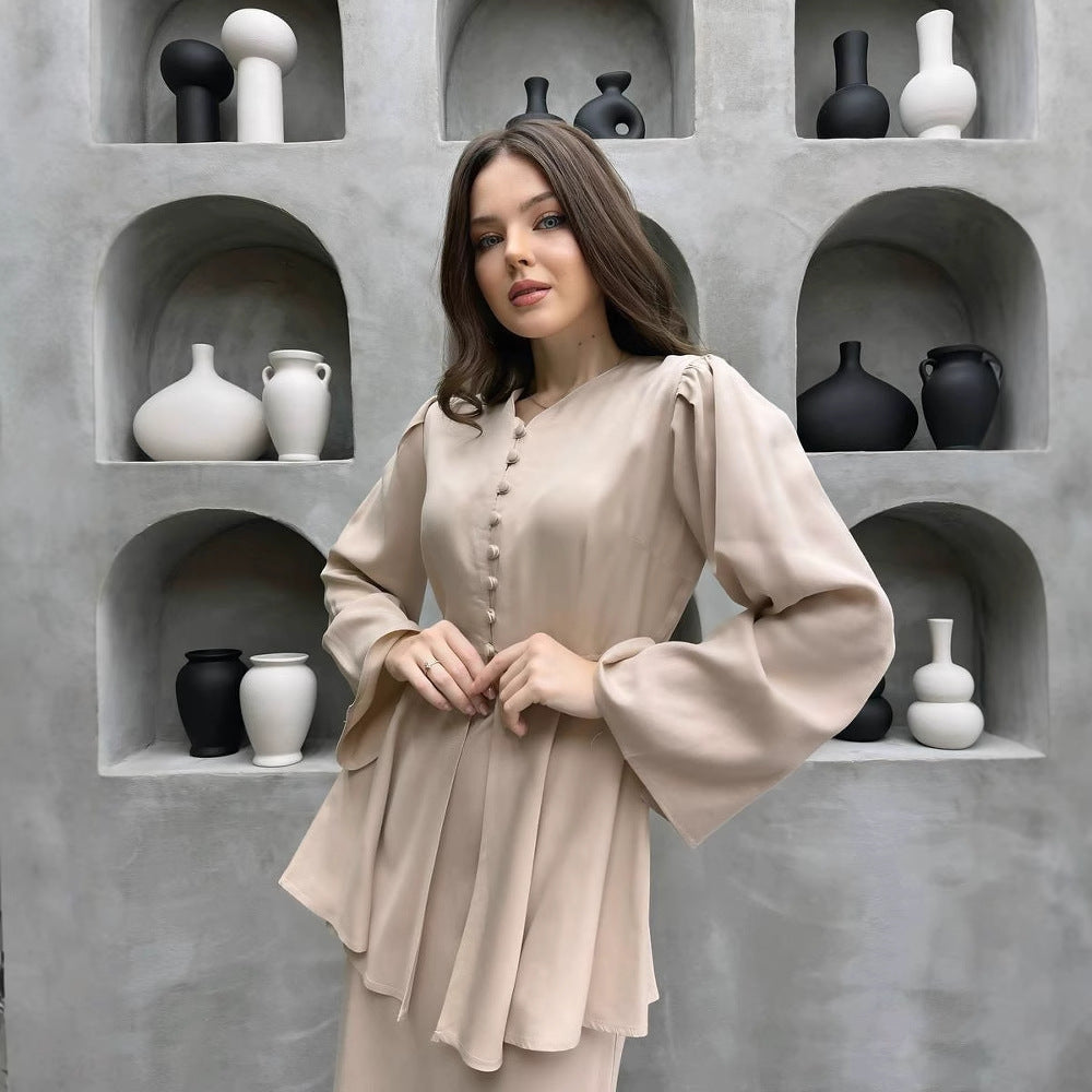 Button-Front Peplum Top and Maxi Skirt Set