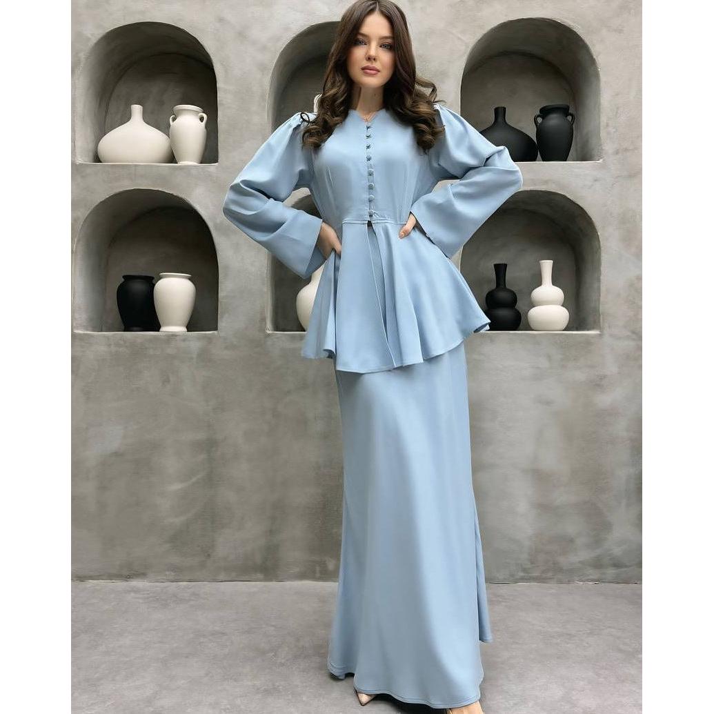 Button-Front Peplum Top and Maxi Skirt Set
