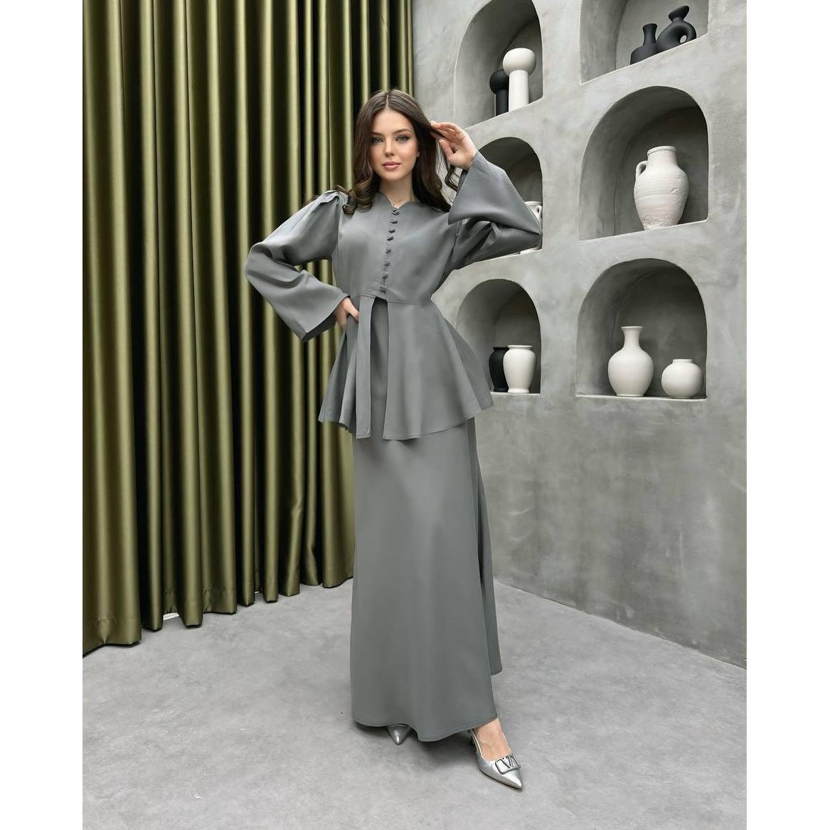 Button-Front Peplum Top and Maxi Skirt Set