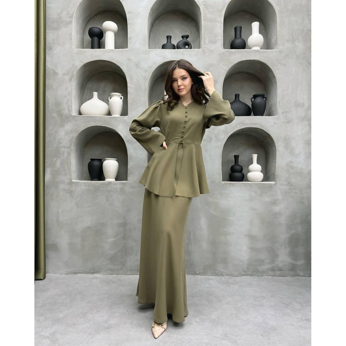 Button-Front Peplum Top and Maxi Skirt Set