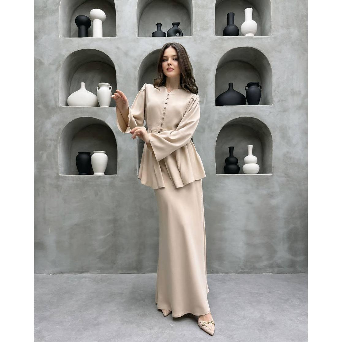 Button-Front Peplum Top and Maxi Skirt Set