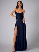 Havana Satin Maxi Evening Dress with High Slit and Open Back
