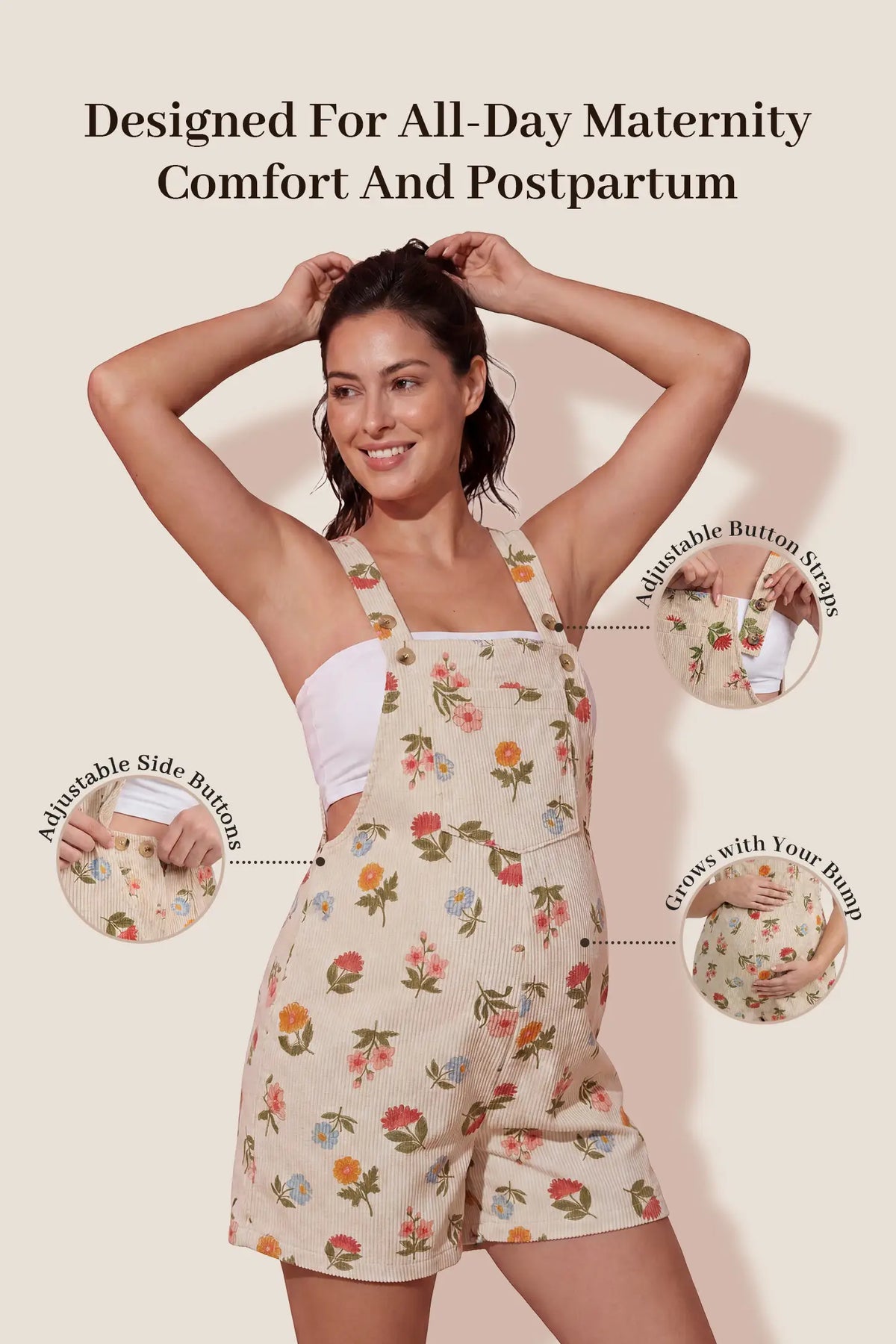 Harbor Bay Floral Maternity Short Overalls with Adjustable Straps