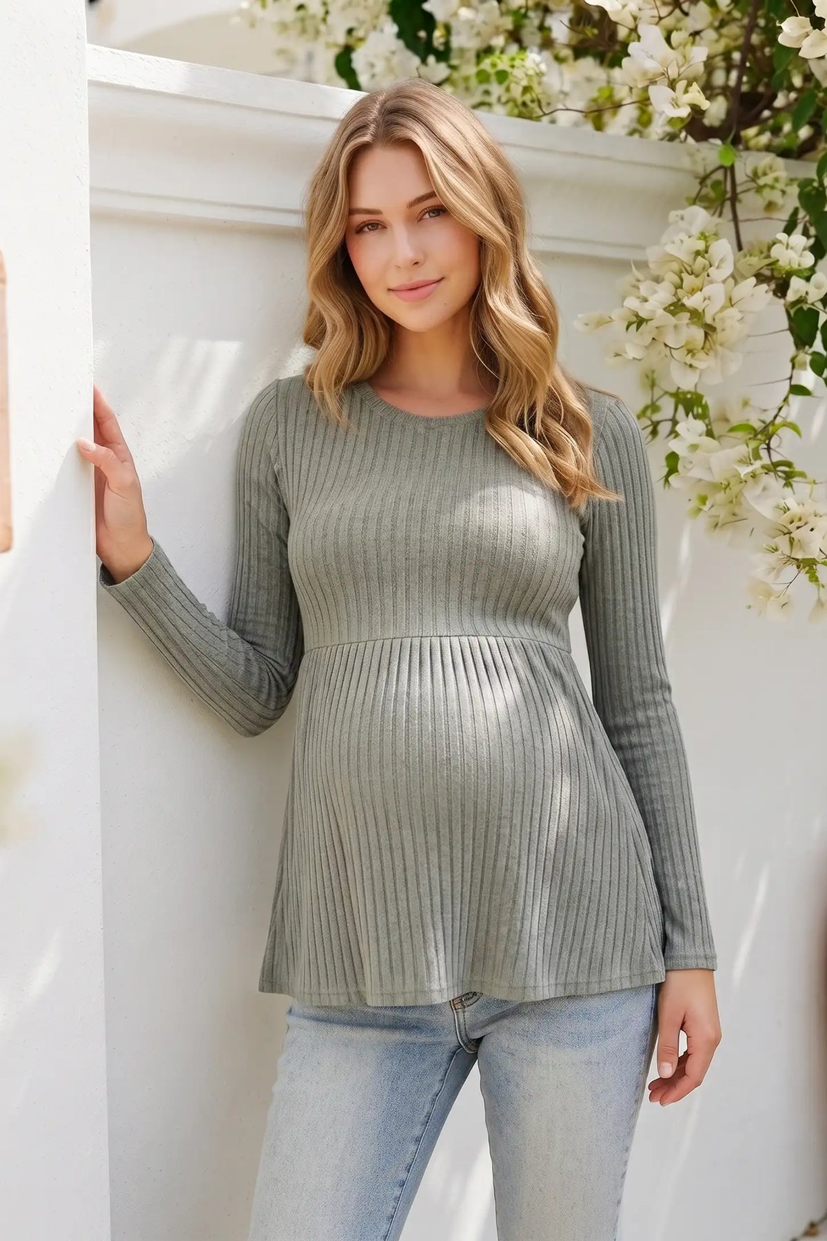 Ribbed Knit Long Sleeve Maternity Top with Empire Waist