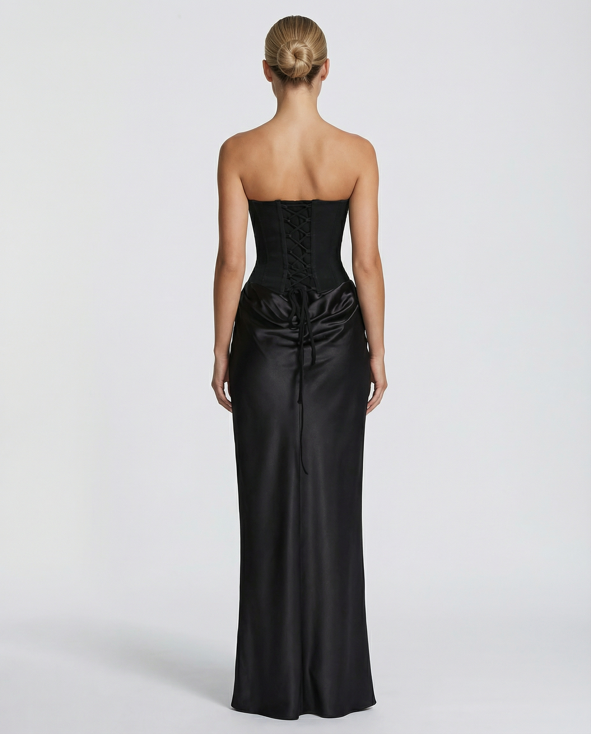 Rosewood Strapless Corset Maxi Dress with Draped Skirt