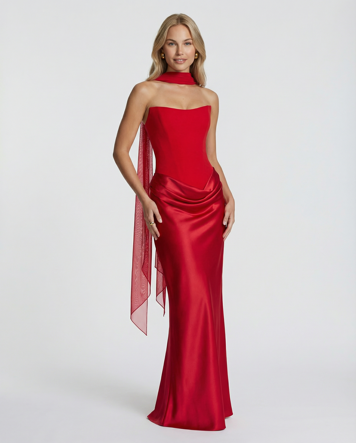Rosewood Strapless Corset Maxi Dress with Draped Skirt