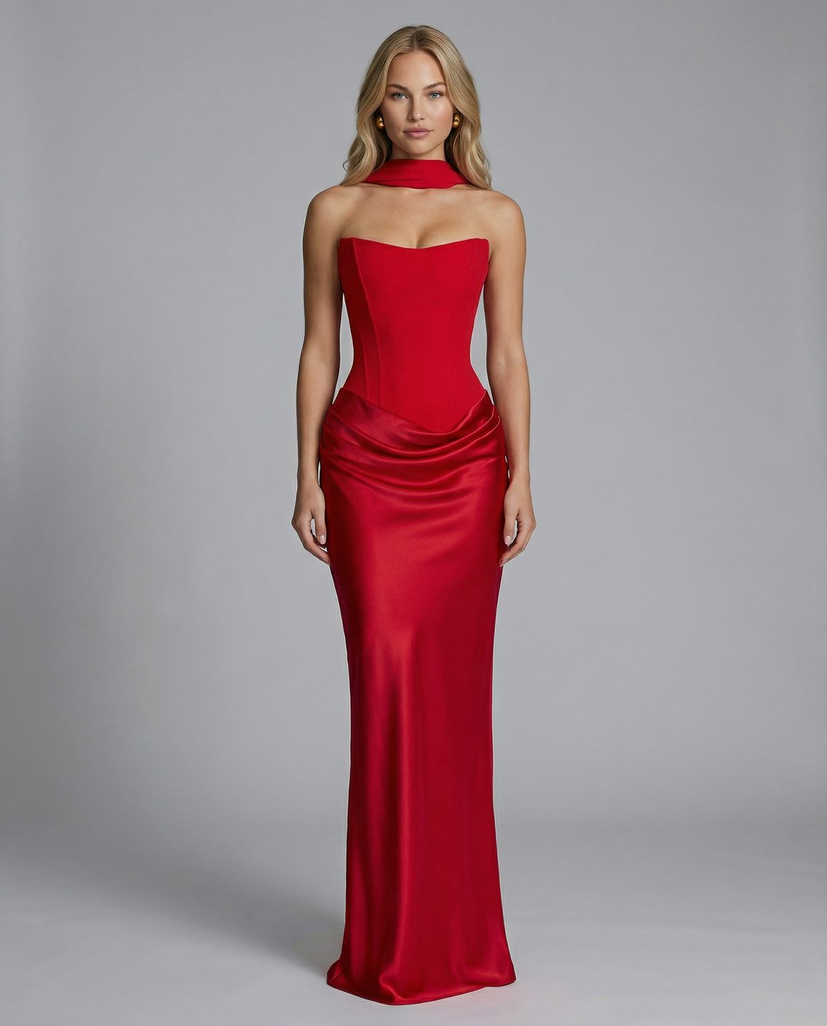 Rosewood Strapless Corset Maxi Dress with Draped Skirt