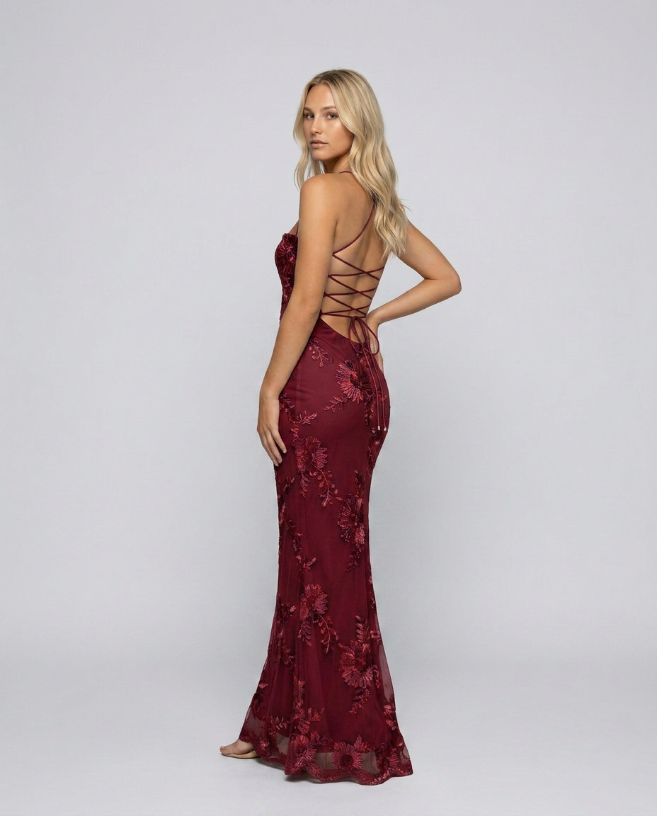Floral Appliqué Corset Maxi Dress with Lace-Up Back