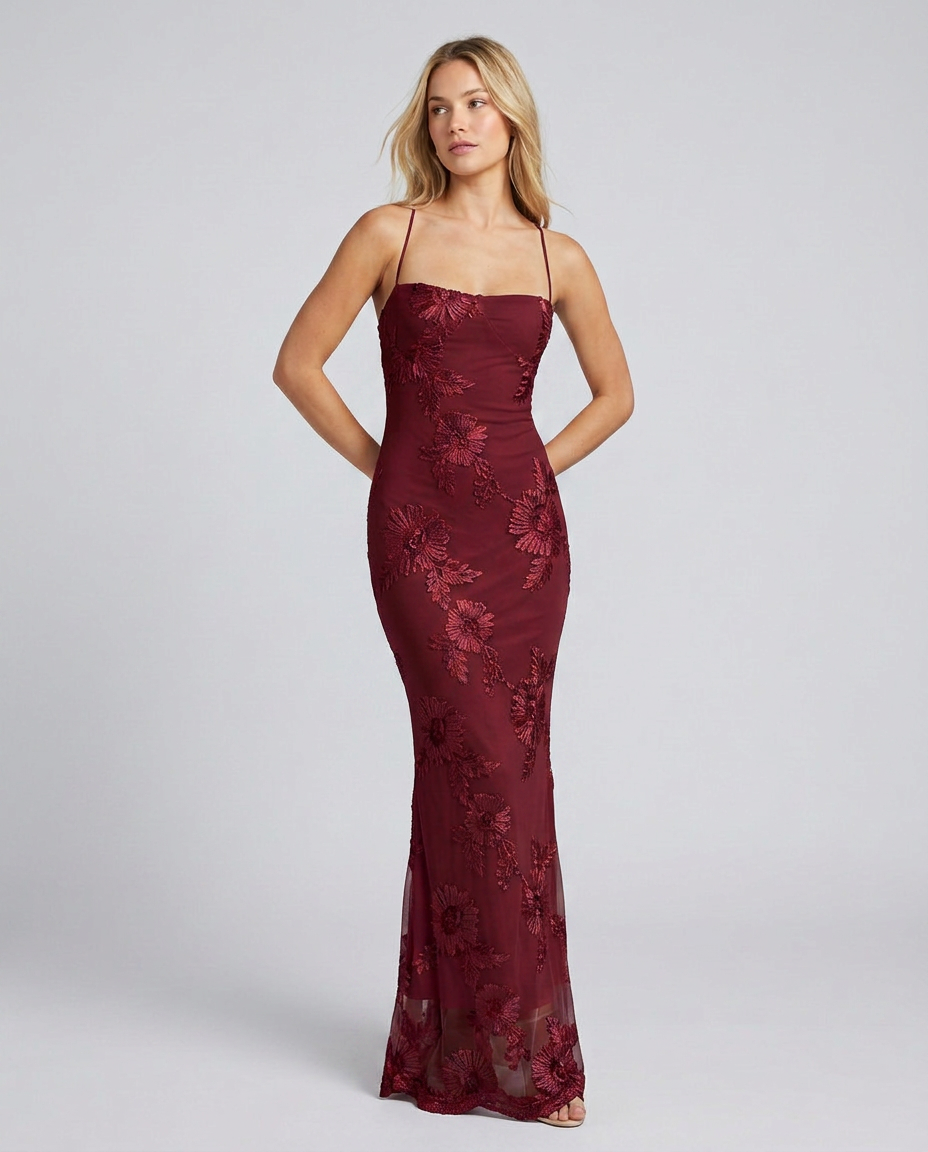 Floral Appliqué Corset Maxi Dress with Lace-Up Back