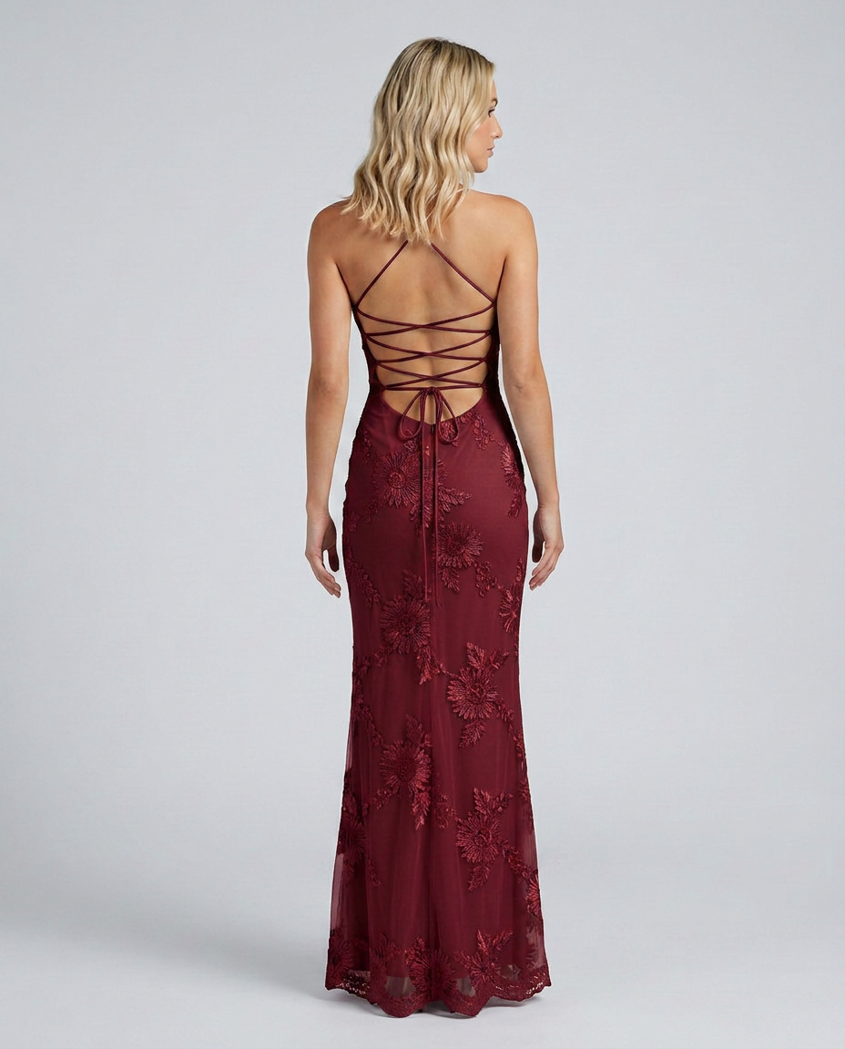 Floral Appliqué Corset Maxi Dress with Lace-Up Back