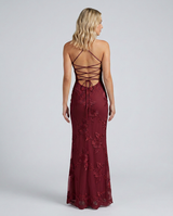 Floral Appliqué Corset Maxi Dress with Lace-Up Back