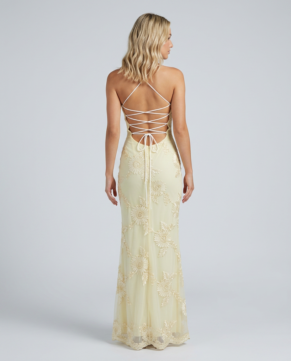 Floral Appliqué Corset Maxi Dress with Lace-Up Back
