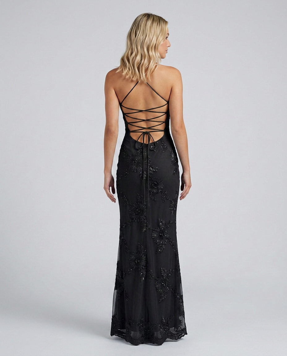 Floral Appliqué Corset Maxi Dress with Lace-Up Back