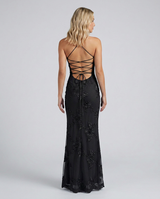 Floral Appliqué Corset Maxi Dress with Lace-Up Back