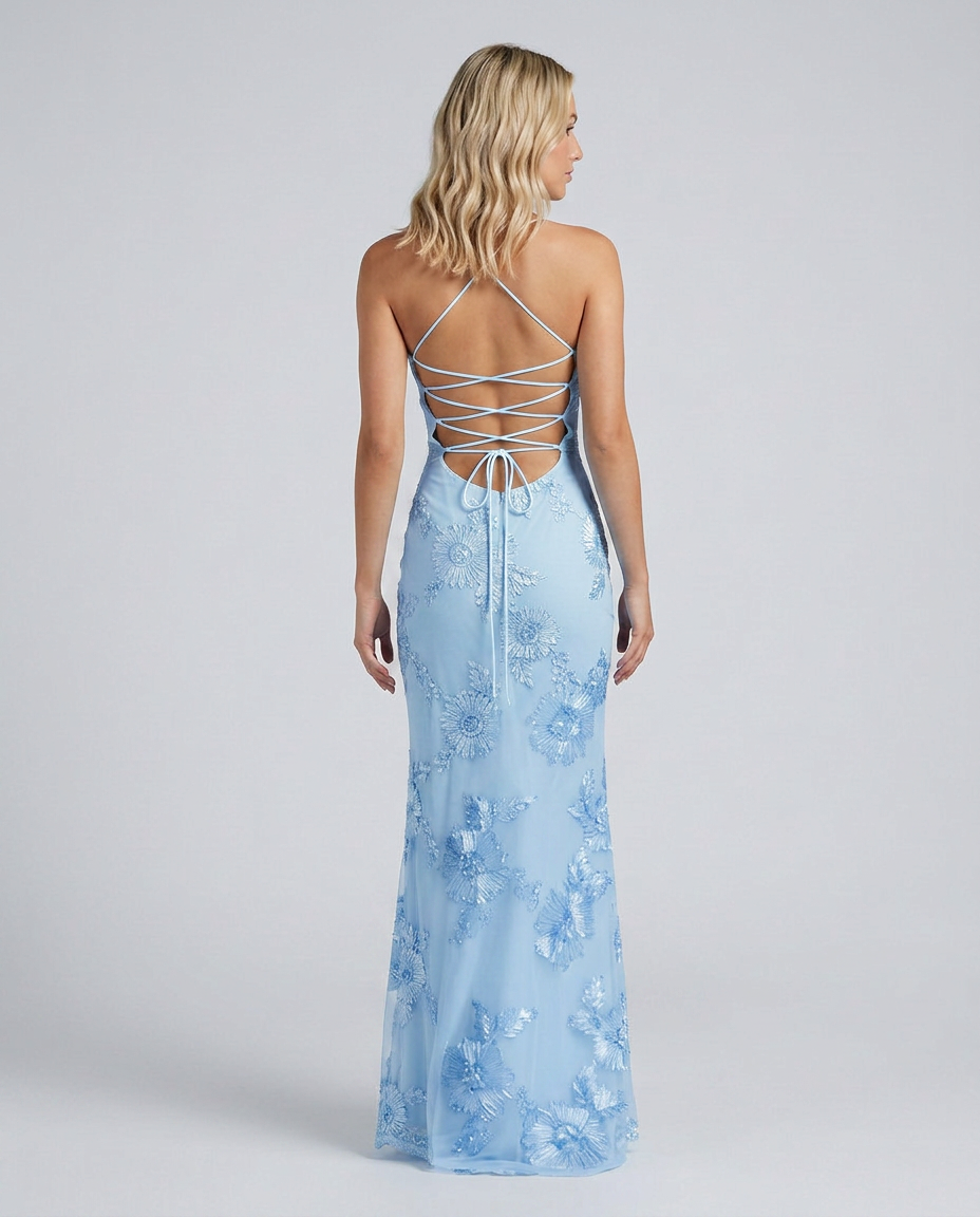 Floral Appliqué Corset Maxi Dress with Lace-Up Back