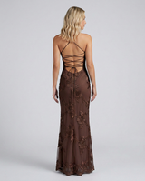 Floral Appliqué Corset Maxi Dress with Lace-Up Back