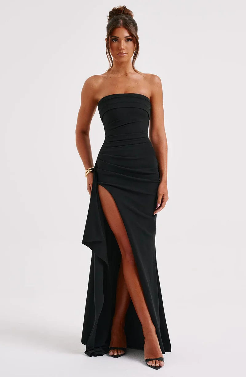 Golden Gate Strapless Twisted Maxi Dress with High Slit