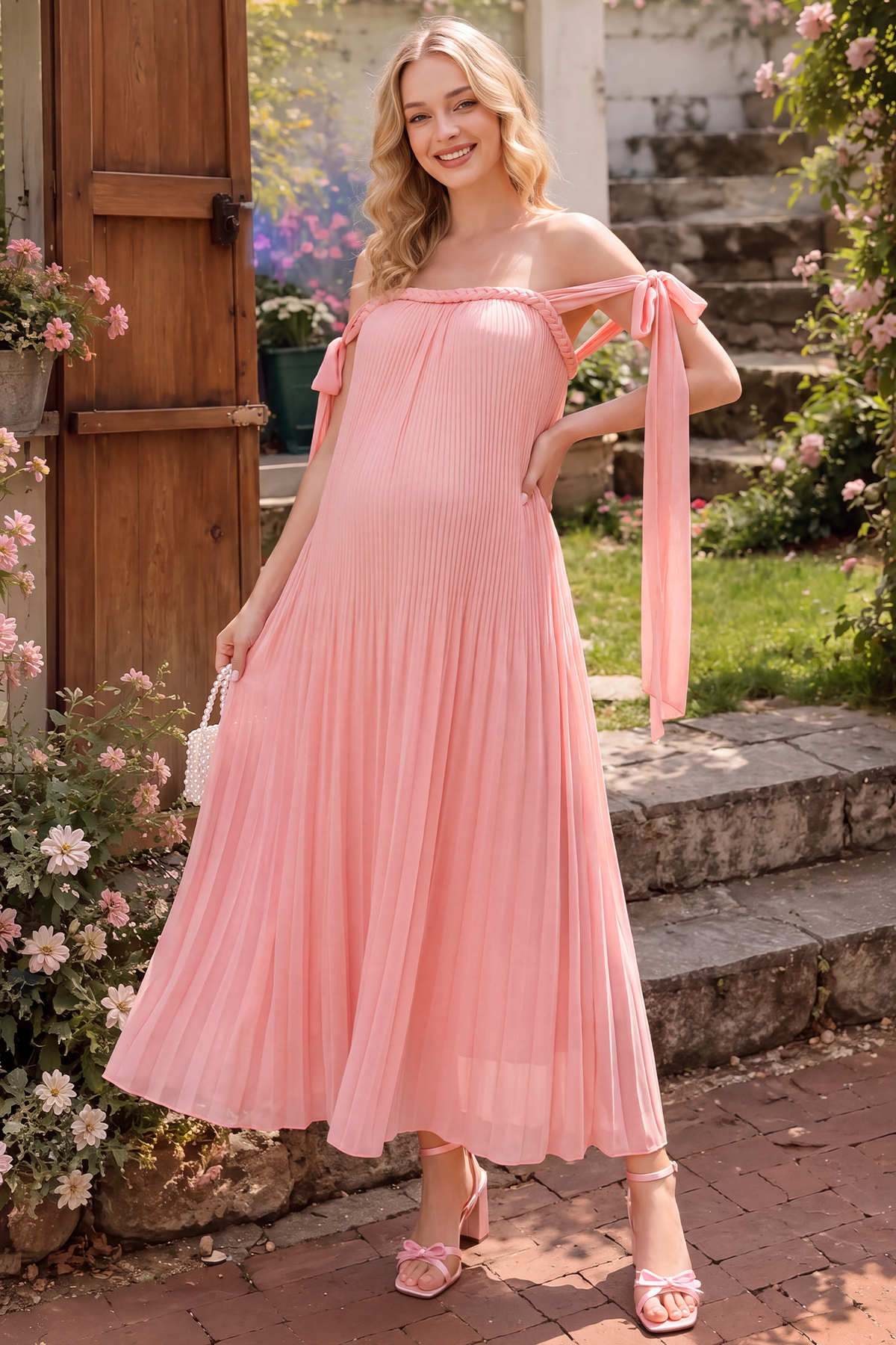 Starlight Pleated Cold-Shoulder Maternity Maxi Gown