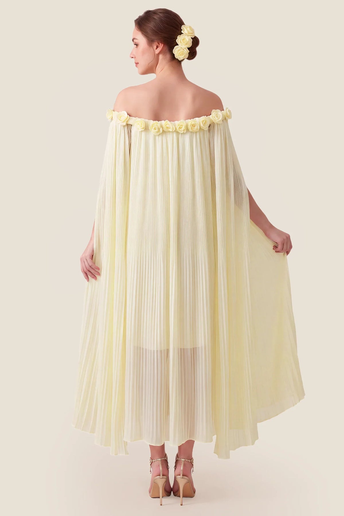 Blossom Pleated Off-Shoulder Maternity Gown with Rosette Trim