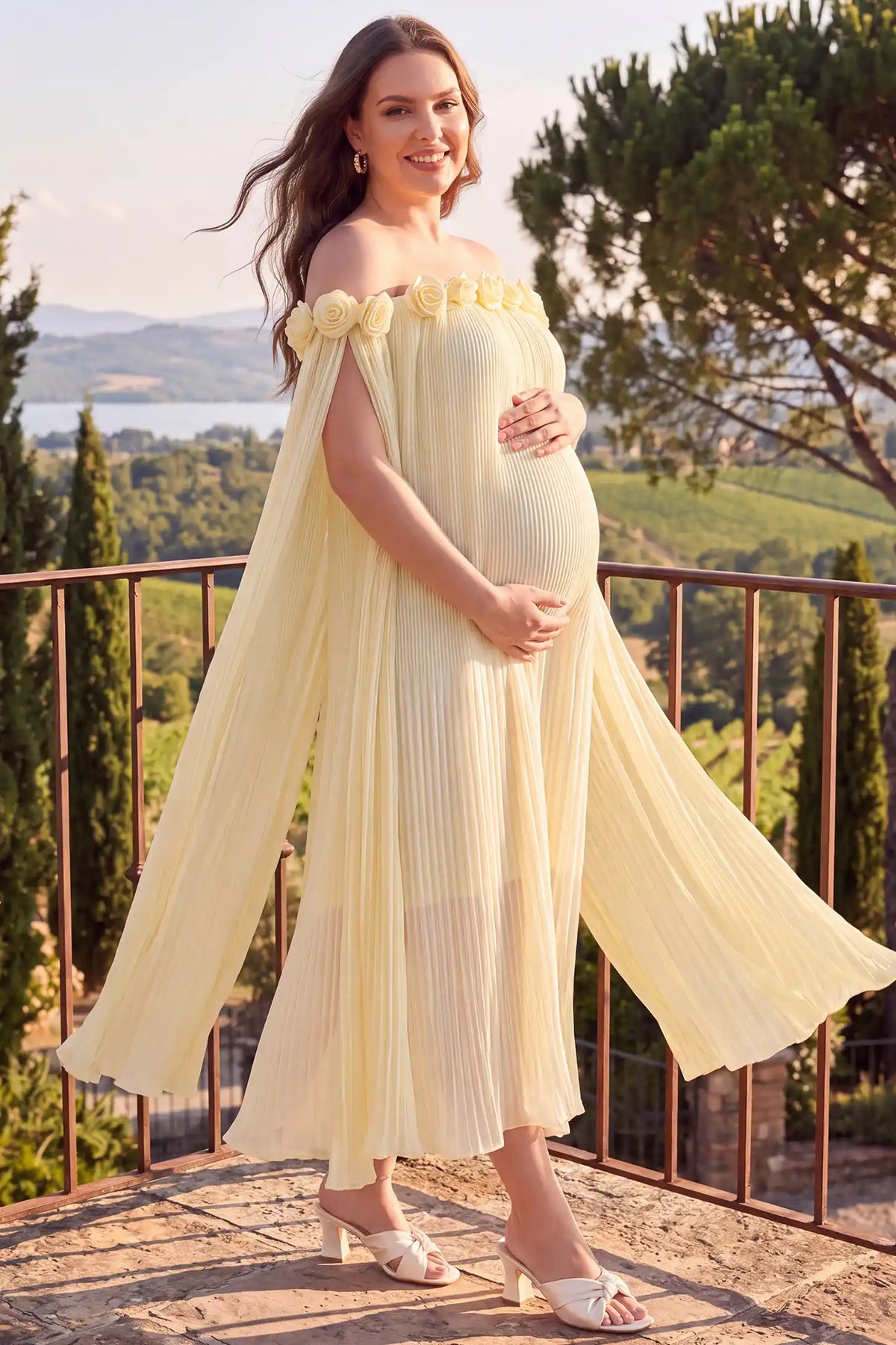 Blossom Pleated Off-Shoulder Maternity Gown with Rosette Trim