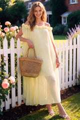 Blossom Pleated Off-Shoulder Maternity Gown with Rosette Trim