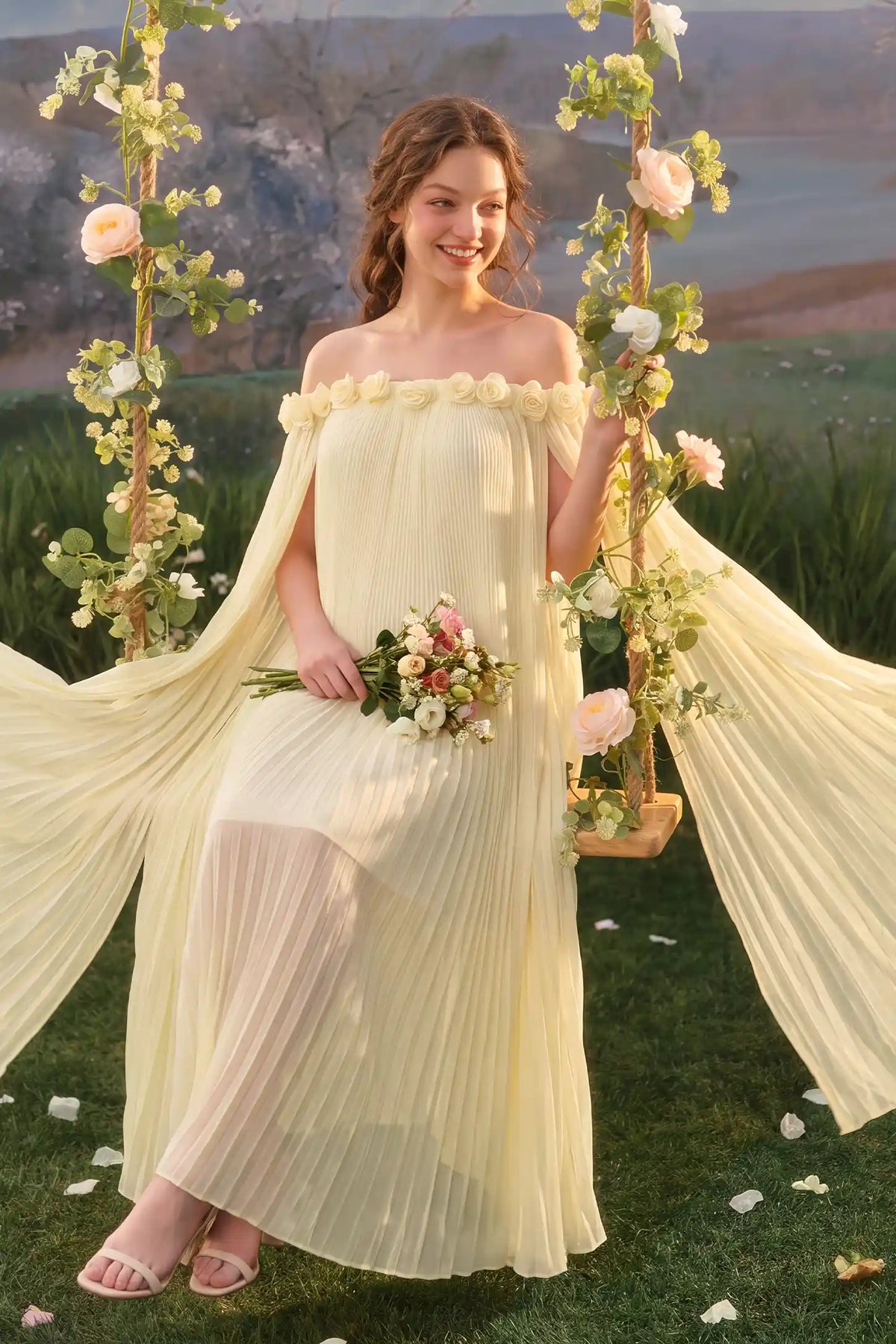 Blossom Pleated Off-Shoulder Maternity Gown with Rosette Trim
