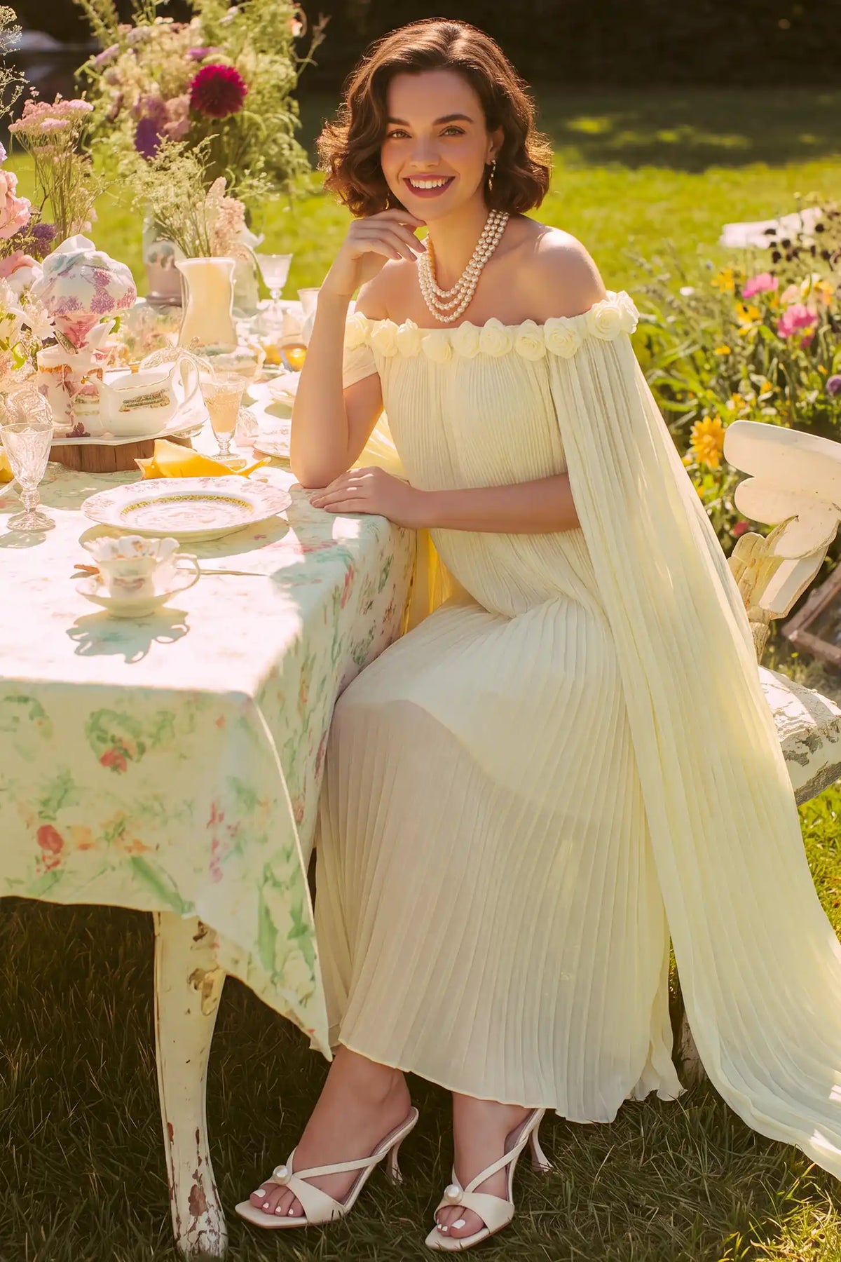 Blossom Pleated Off-Shoulder Maternity Gown with Rosette Trim