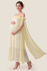 Blossom Pleated Off-Shoulder Maternity Gown with Rosette Trim