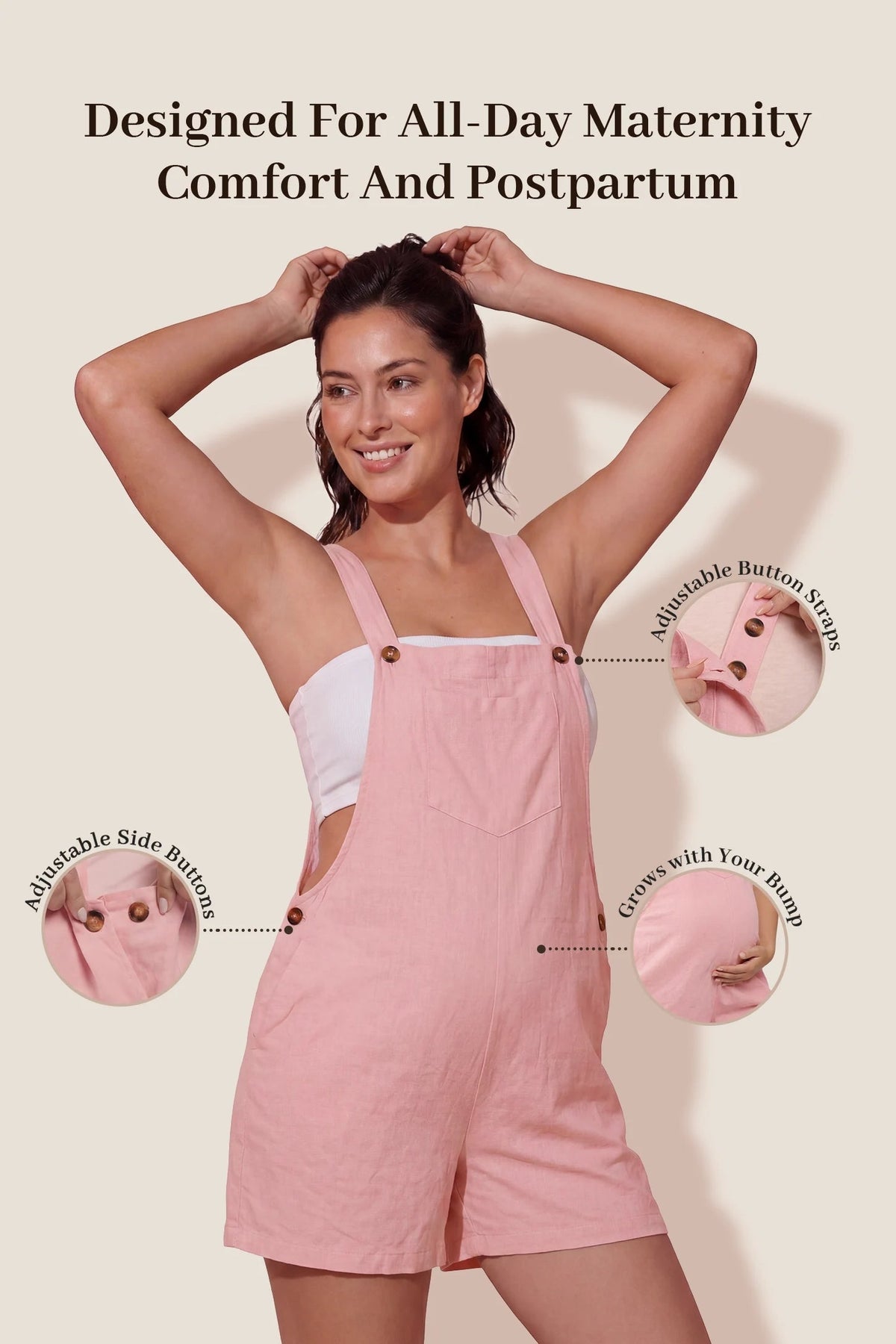Adjustable-Waist Maternity Short Overalls with Pockets