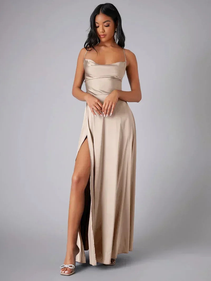 Havana Satin Maxi Evening Dress with High Slit and Open Back