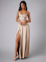 Havana Satin Maxi Evening Dress with High Slit and Open Back