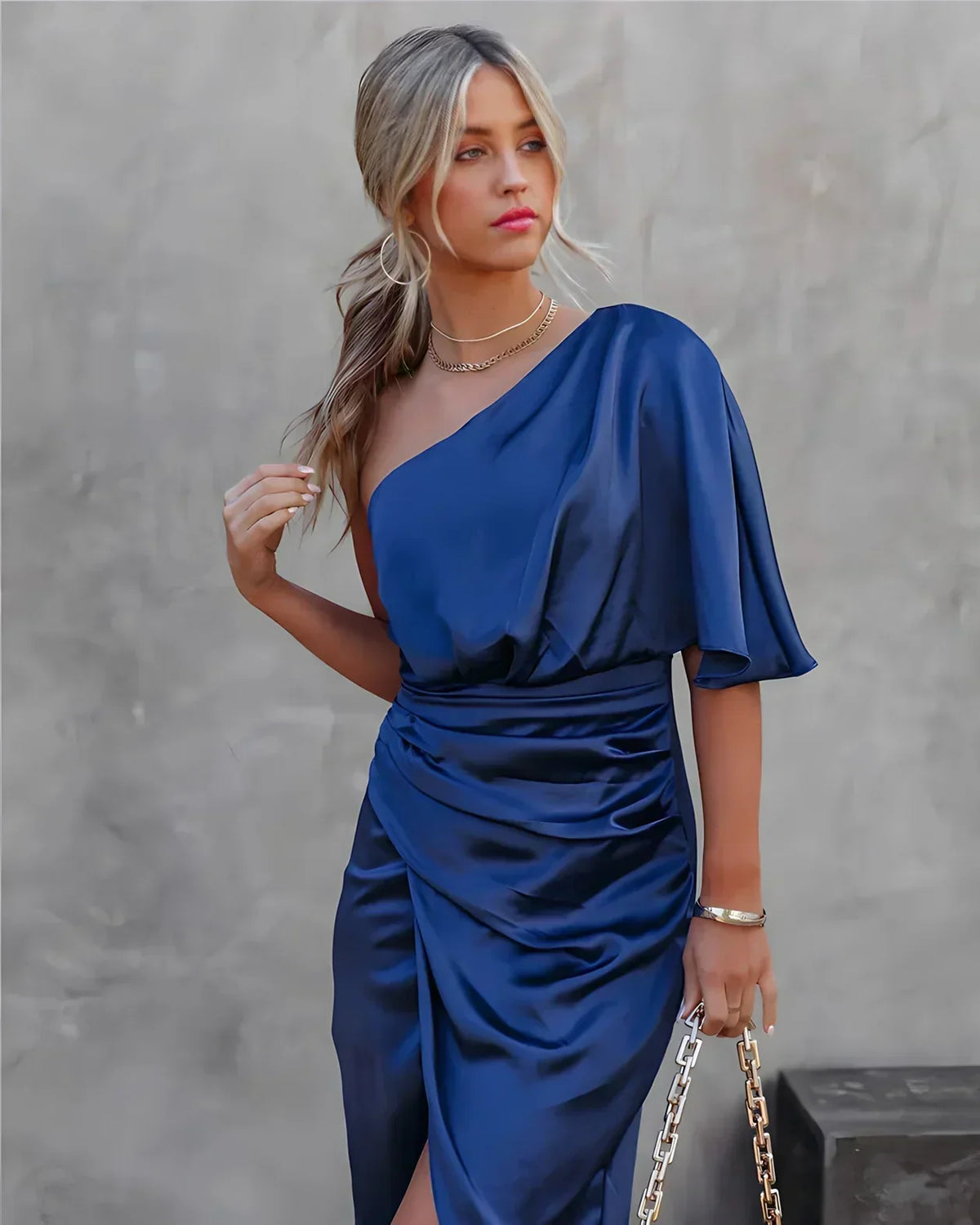Sausalito Off-Shoulder Draped Satin Midi Dress