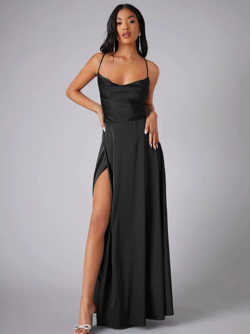 Havana Satin Maxi Evening Dress with High Slit and Open Back