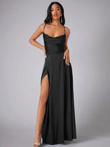 Havana Satin Maxi Evening Dress with High Slit and Open Back